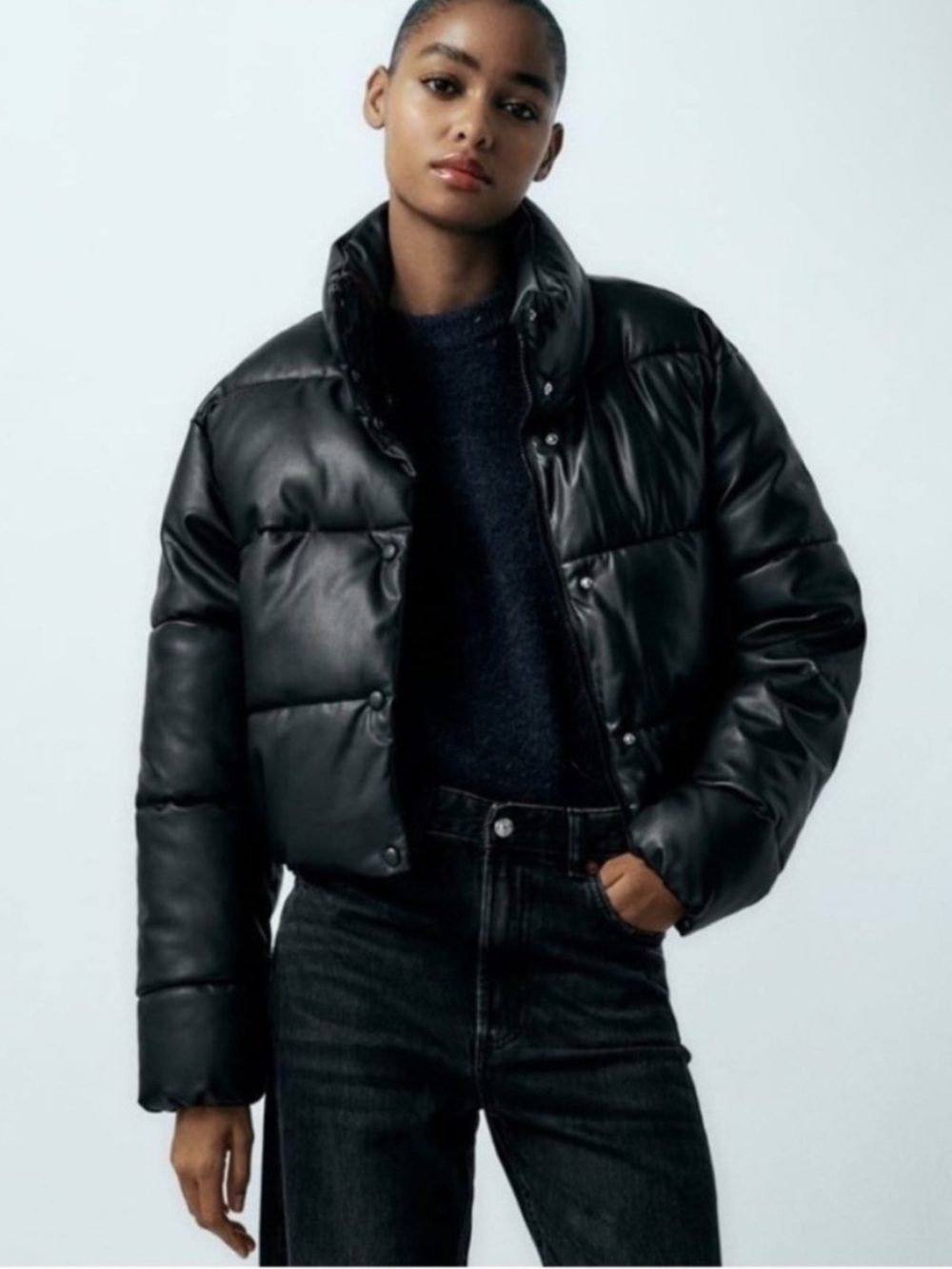 Zara ladies Black Faux Leather Cropped Puffer Jacket Size Small
